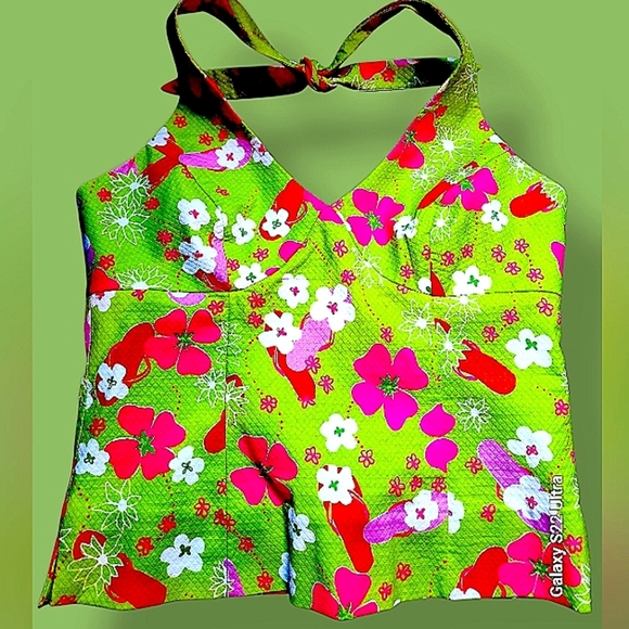 90's Lilly Pulitzer Neon Green and Pink Halter Top - floral flipflop theme - Picture 1 of 4